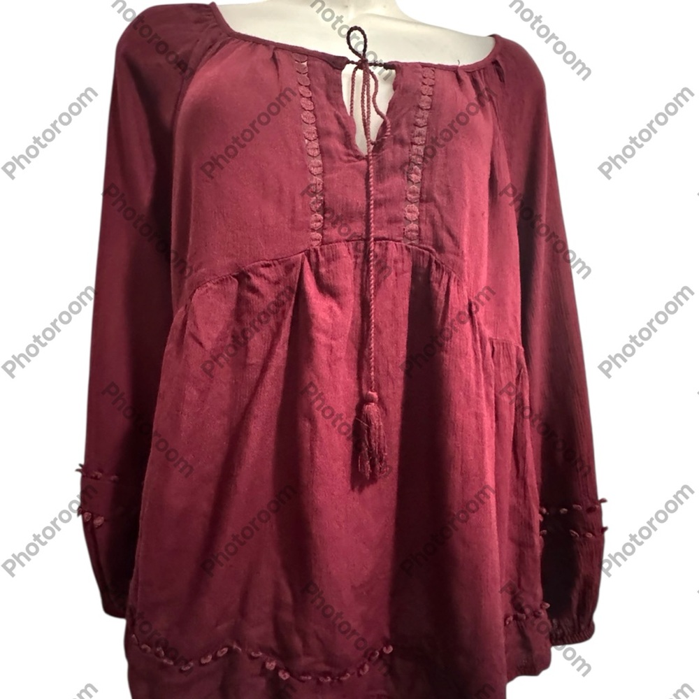 Old Navy Womens Red Balloon Sleeve Keyhole Neck Tunic Blouse Top Size Small